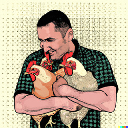 man hugging chickens